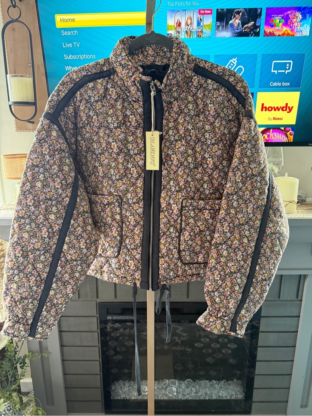 Blank NYC Quilted Black Floral Cropped Jacket- Suze Medium